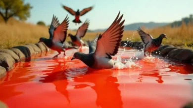 275 pigeons dive into a pond filled with red glue